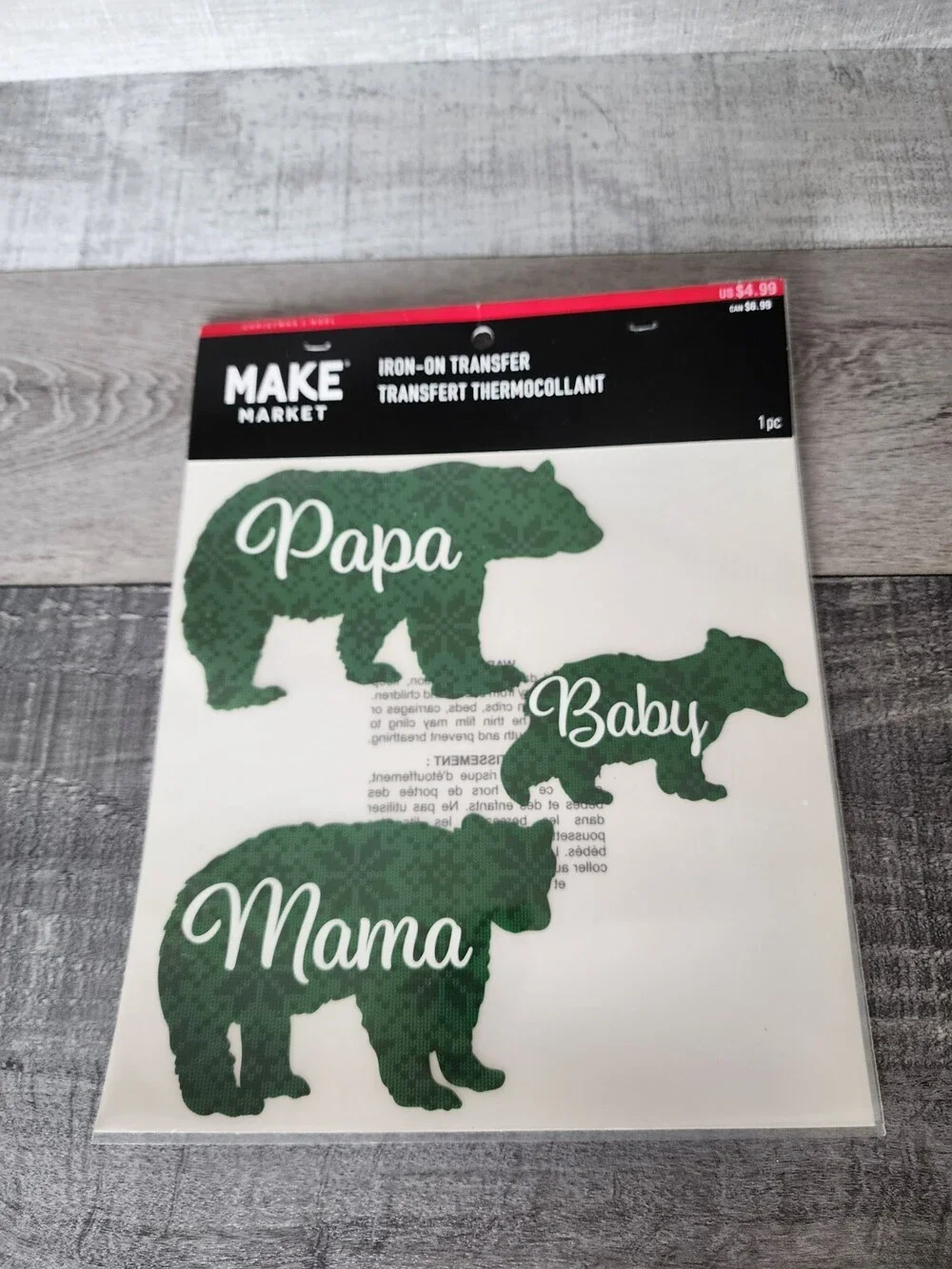 Christmas Iron-on Transfers - Mama Papa and Baby Bear - Green Plaid - DIY Crafts